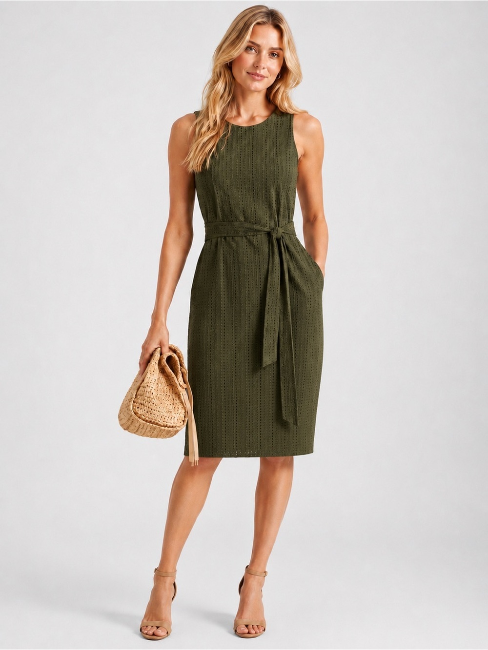 Banana Republic Olive Green Cotton Eyelet Dress w/ Tie Waist & Pockets, Size 4